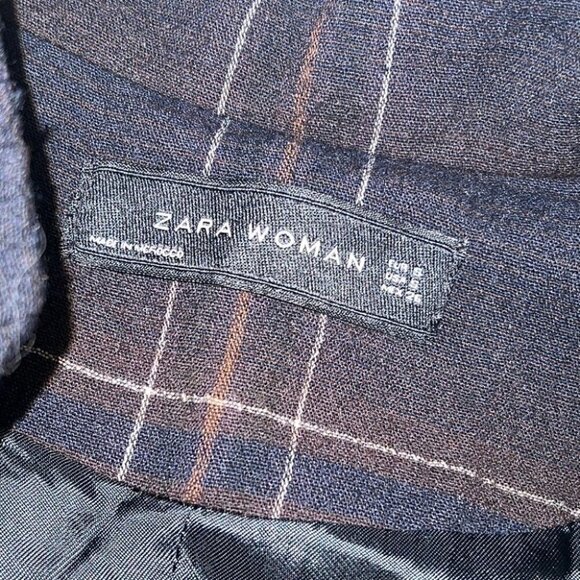 Zara woman dark blue wool ruched plaid jacket size Small - Picture 5 of 15